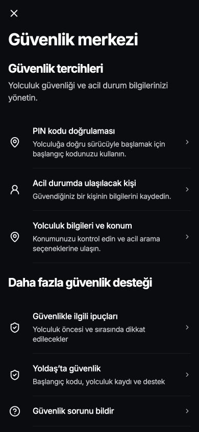 Yoldaş uygulamasındaki güvenlik merkezi